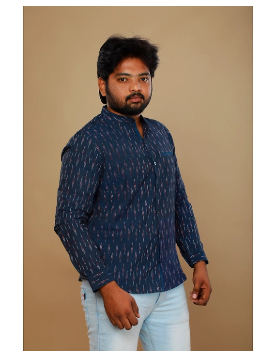Navy blue ikat mandarin collar full sleeves shirt for men: GT410D-XXL-Navy Blue-3
