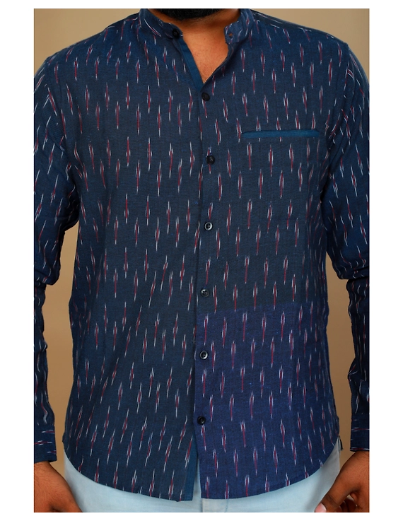 Navy blue ikat mandarin collar full sleeves shirt for men: GT410D-XXL-Navy Blue-4