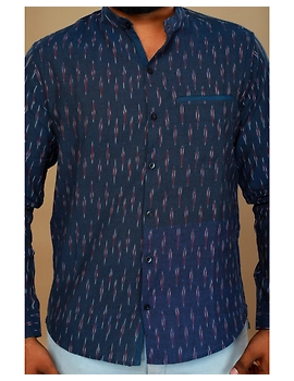 Navy blue ikat mandarin collar full sleeves shirt for men: GT410D-L-Navy Blue-4-sm