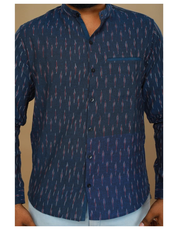 Navy blue ikat mandarin collar full sleeves shirt for men: GT410D-L-Navy Blue-4