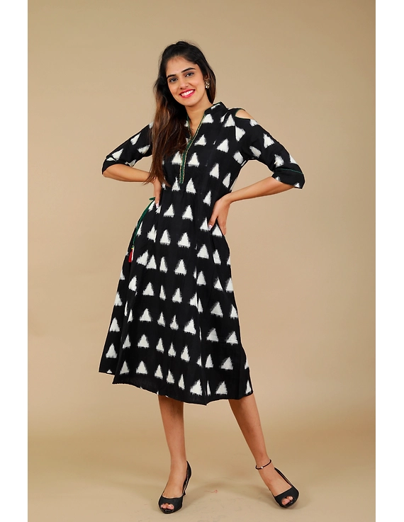 Black Ikat cold shoulder dress with drawstring waist- LD360C-LD360C-L