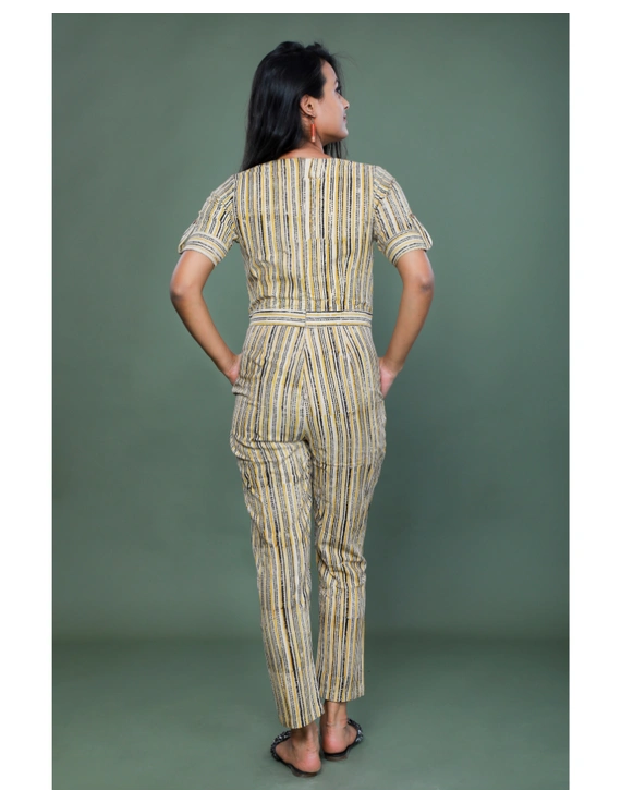 Kalamkari cotton Yellow striped jumpsuit : JS100A-S-1