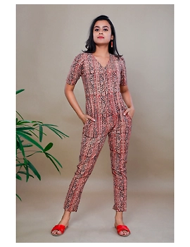 Kalamkari cotton Maroon striped jumpsuit : JS100B-M-2-sm
