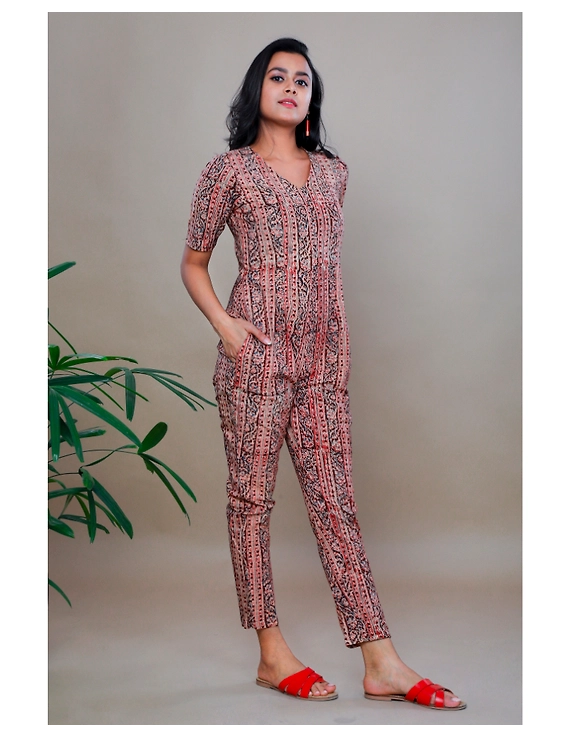 Kalamkari cotton Maroon striped jumpsuit : JS100B-XS-1