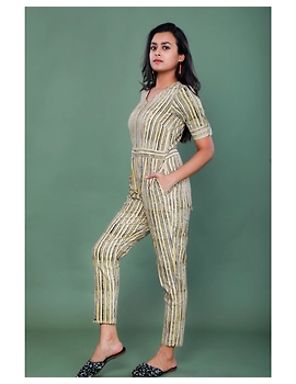 Kalamkari cotton Yellow striped jumpsuit : JS100A-XS-1-sm