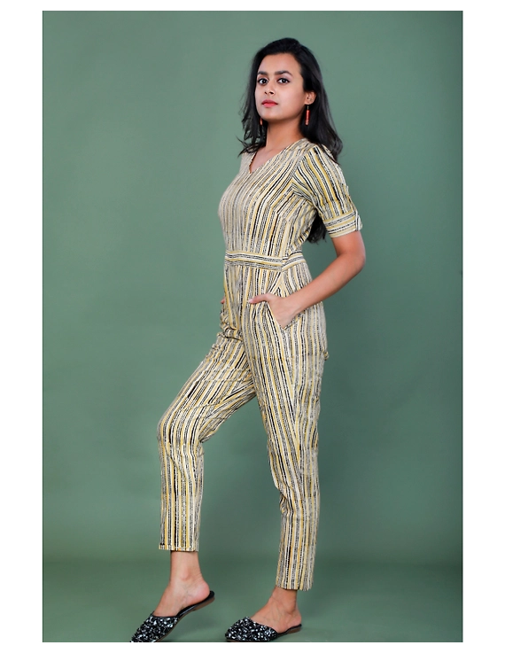 Kalamkari cotton Yellow striped jumpsuit : JS100A-XS-1