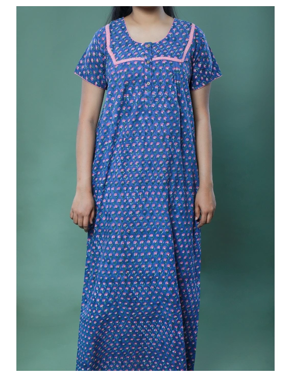 BLUE SANGANERI BLOCK PRINT EMBROIDERED NIGHTY: NW100A-NW100A-XXL