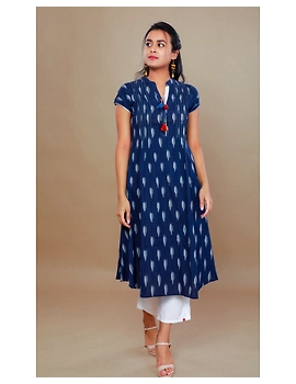 NAVY BLUE A LINE IKAT DRESS WITH PINTUCKS: LD340B-LD340B-XXL-sm
