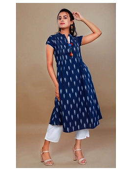 NAVY BLUE A LINE IKAT DRESS WITH PINTUCKS: LD340B-XXL-1-sm