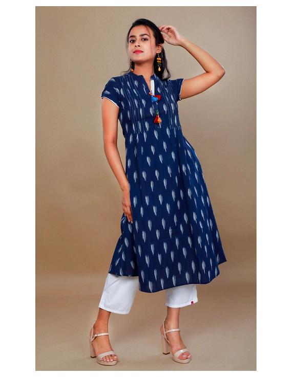 NAVY BLUE A LINE IKAT DRESS WITH PINTUCKS: LD340B-XXL-1