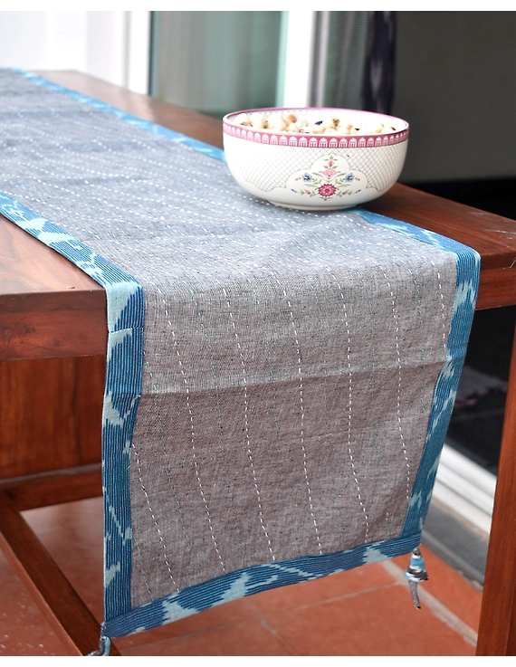 Blue And Grey Ikat Reversible Table Runner With Kantha Embroidery : HTR04-HTR04gM