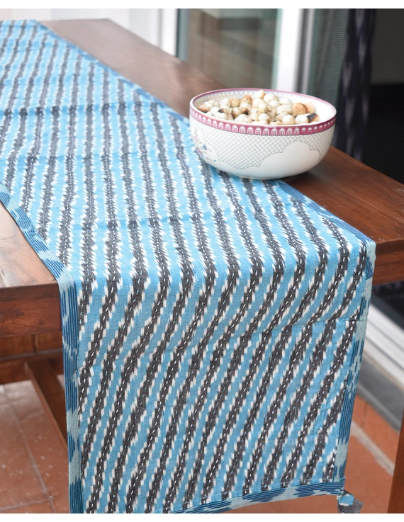 Blue And Grey Ikat Reversible Table Runner With Kantha Embroidery : HTR04-13 X 60-1