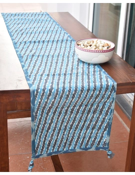 Blue And Grey Ikat Reversible Table Runner With Kantha Embroidery : HTR04-13 X 60-2-sm
