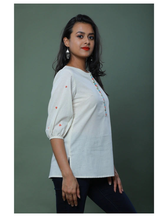 OFFWHITE TUNIC WITH EMBROIDERED PLACKET: LT130C-M-1