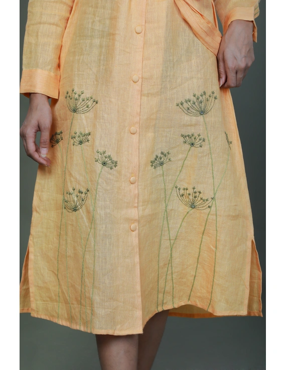 Bloom hand embroidered pure linen dress in yellow:LD690B-M-3