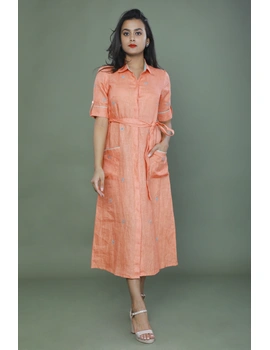 Peach linen hand embroidered dress with a collar: LD700B-XL-1-sm