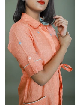 Peach linen hand embroidered dress with a collar: LD700B-L-4-sm