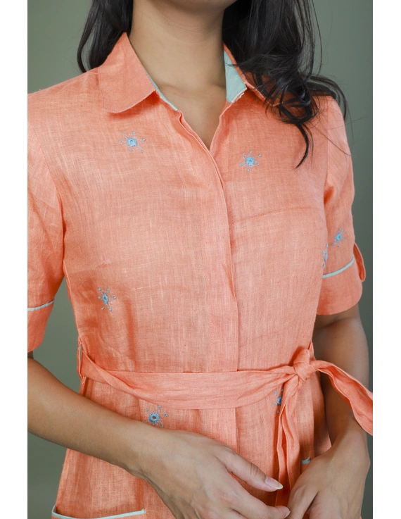 Peach linen hand embroidered dress with a collar: LD700B-S-4