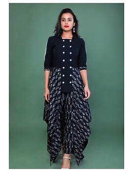 BLACK IKAT AND MANGALAGIRI COTTON DRESS WITH MATCHING PANTS : LD510A-XS-1-sm