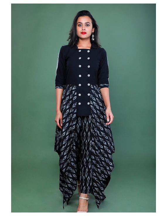 BLACK IKAT AND MANGALAGIRI COTTON DRESS WITH MATCHING PANTS : LD510A-XS-1