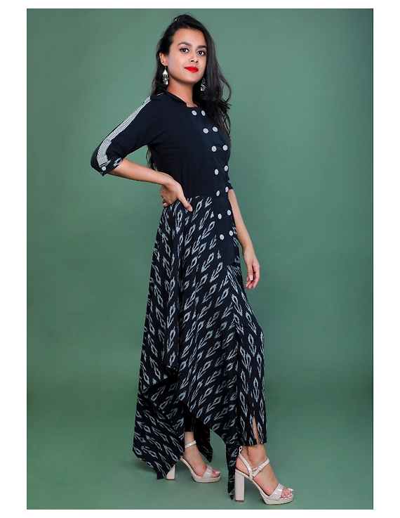 BLACK IKAT AND MANGALAGIRI COTTON DRESS WITH MATCHING PANTS : LD510A-LD510A-XS