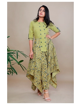 MUSTARD KALAMKARI AND MANGALAGIRI COTTON DRESS WITH MATCHING PANTS : LD510B-XS-1-sm