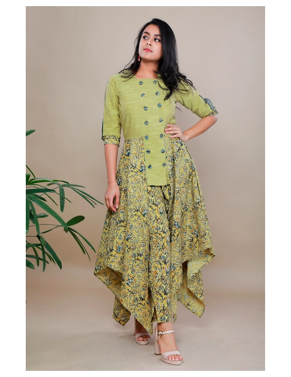MUSTARD KALAMKARI AND MANGALAGIRI COTTON DRESS WITH MATCHING PANTS : LD510B-XS-1