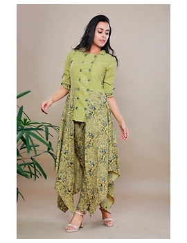 MUSTARD KALAMKARI AND MANGALAGIRI COTTON DRESS WITH MATCHING PANTS : LD510B-LD510B-XS-sm