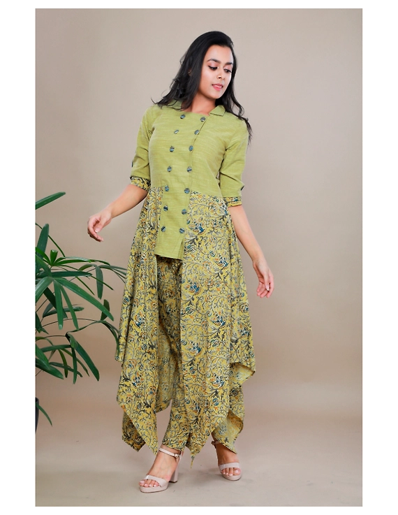 MUSTARD KALAMKARI AND MANGALAGIRI COTTON DRESS WITH MATCHING PANTS : LD510B-LD510B-XS