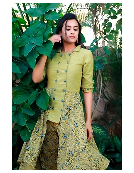 MUSTARD KALAMKARI AND MANGALAGIRI COTTON DRESS WITH MATCHING PANTS : LD510B-XS-2-sm
