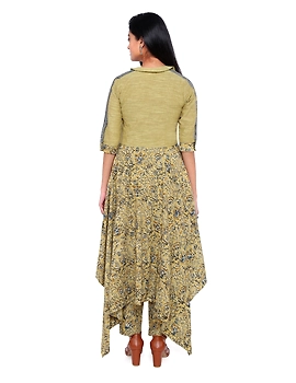 MUSTARD KALAMKARI AND MANGALAGIRI COTTON DRESS WITH MATCHING PANTS : LD510B-XS-3-sm