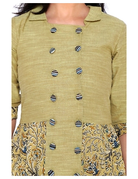 MUSTARD KALAMKARI AND MANGALAGIRI COTTON DRESS WITH MATCHING PANTS : LD510B-XS-4-sm
