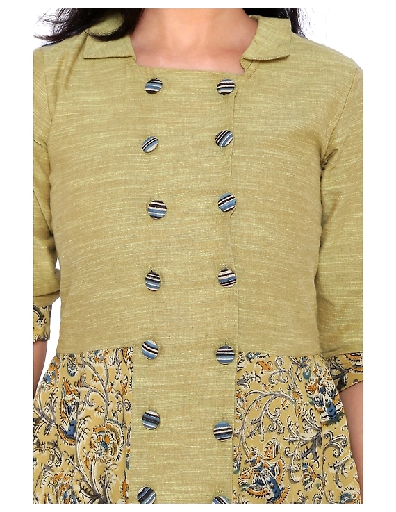 MUSTARD KALAMKARI AND MANGALAGIRI COTTON DRESS WITH MATCHING PANTS : LD510B-XS-4