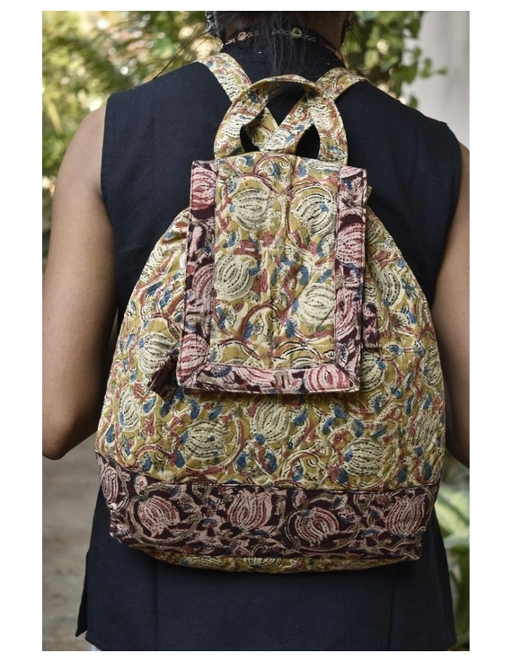 Quilted yellow and brown kalamkari backpack bag : VBPS05-VBPS05