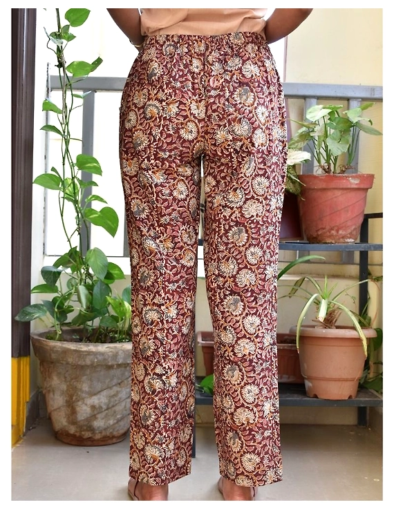Narrow Fit Pants in Brown Kalamkari Cotton: EP03C-L-1