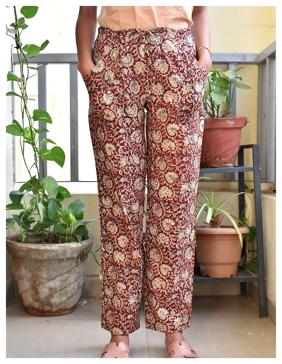 Narrow Fit Pants in Brown Kalamkari Cotton: EP03C-EP03C-XL