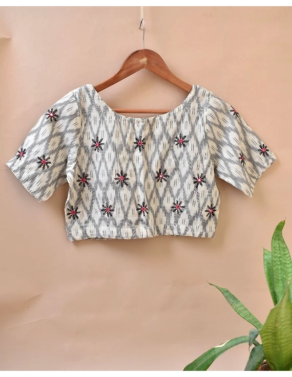White and Grey  Ikat blouse with hand embroidery: RB06C-M-1