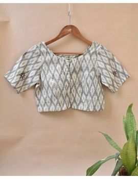 White and Grey  Ikat blouse with hand embroidery: RB06C-RB06C-XL-sm