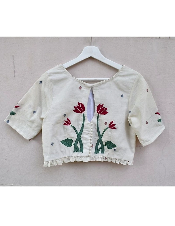 Lotus motif offwhite jamdani croptop blouse with sleeves: RB07F-RB07F-L