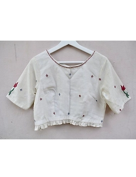 Lotus motif offwhite jamdani croptop blouse with sleeves: RB07F-L-1-sm