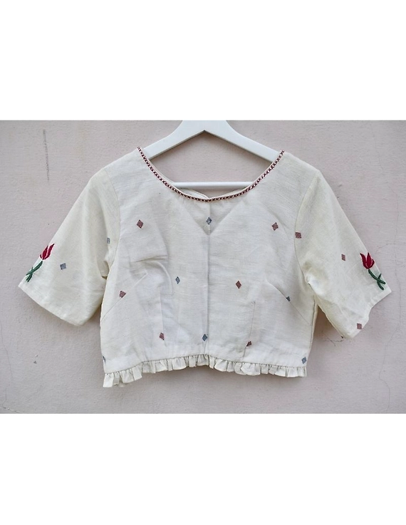 Lotus motif offwhite jamdani croptop blouse with sleeves: RB07F-L-1