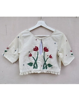 Lotus motif offwhite jamdani croptop blouse with sleeves: RB07F-RB07F-XL-sm