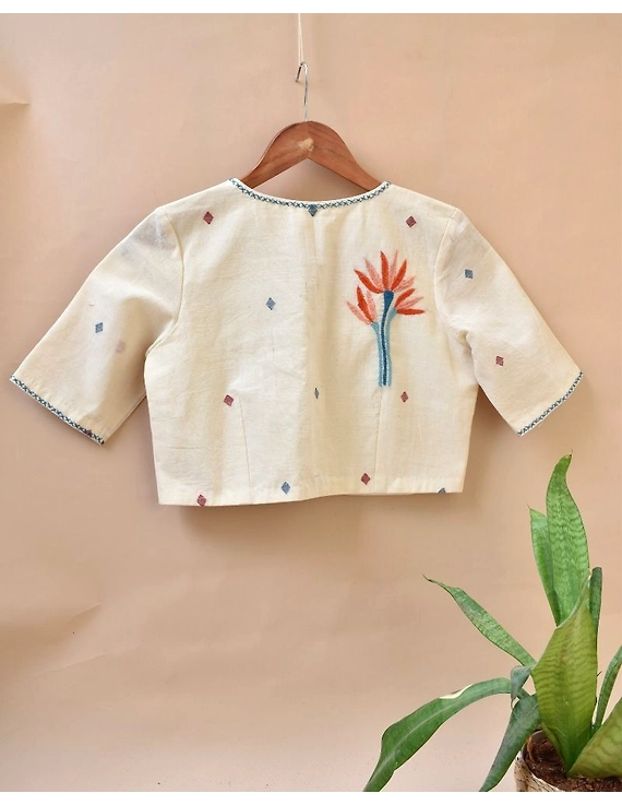 Dandelion motif offwhite jamdani khadi blouse with sleeves: RB07C-L-3