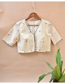 Dandelion motif offwhite jamdani khadi blouse with sleeves: RB07C-RB07C-M-sm