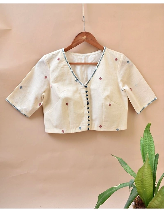Dandelion motif offwhite jamdani khadi blouse with sleeves: RB07C-RB07C-M