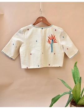 Dandelion motif offwhite jamdani khadi blouse with sleeves: RB07C-M-3-sm