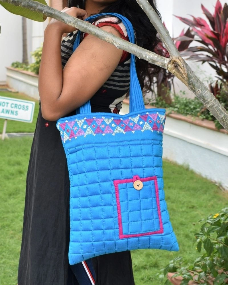 BLUE SILK QUILTED TOTE CUM LAPTOP BAG WITH HAND EMBROIDERY: TBA01-5