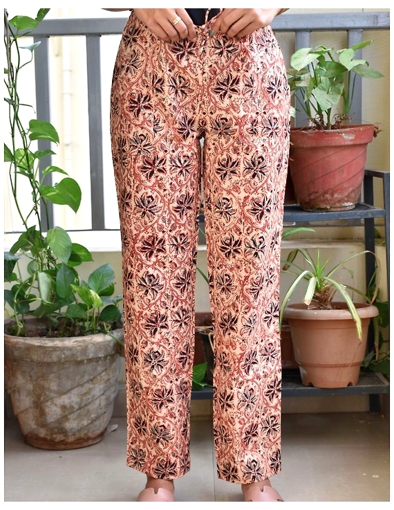 Narrow Fit Kalamkari Pants: EP03-Beige-M-1