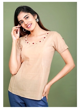 Beige cotton short top with round neck-LB150A-LB150-L-sm