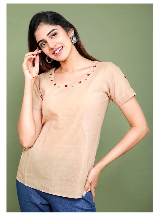 Beige cotton short top with round neck-LB150A-LB150-L
